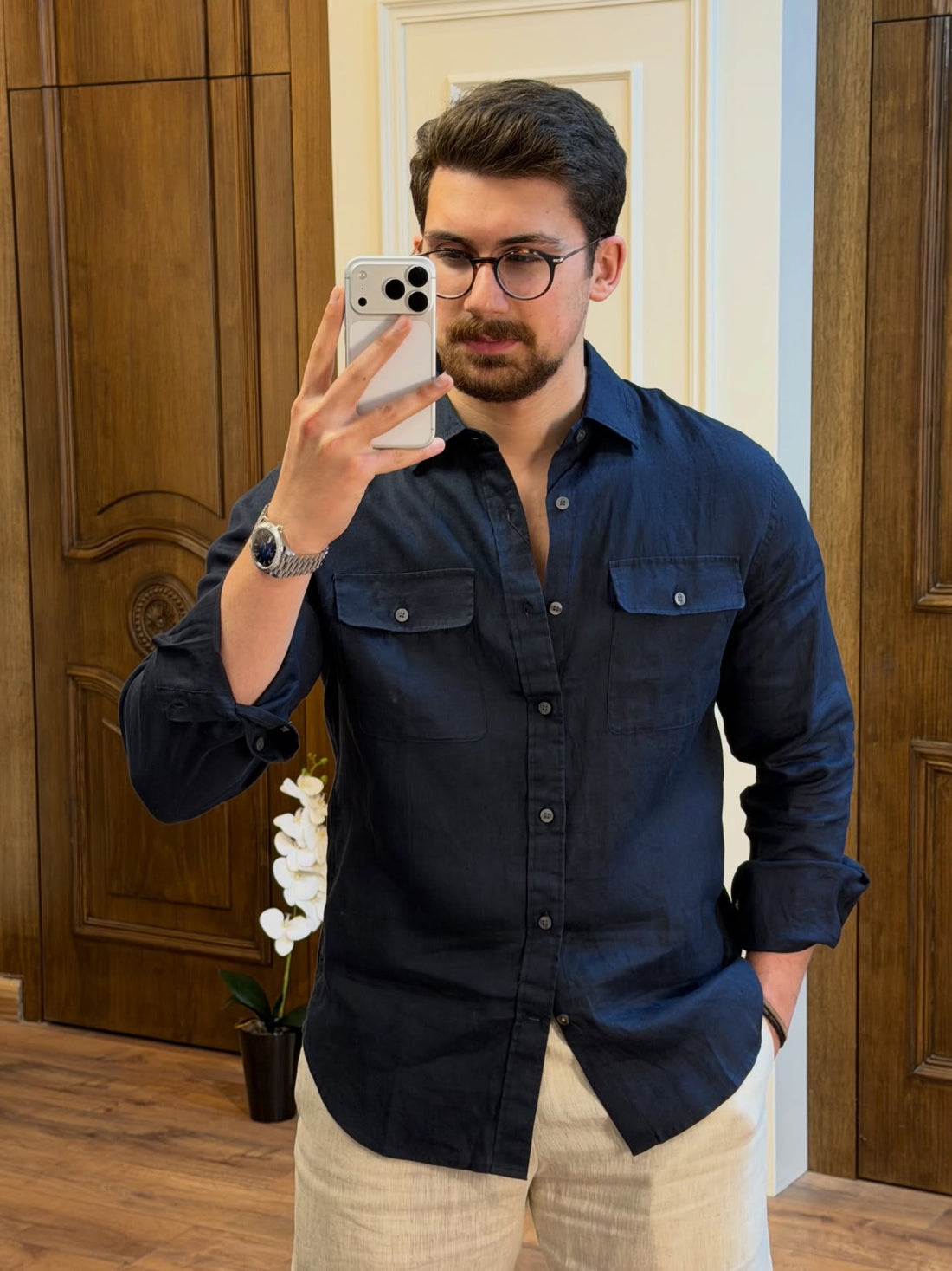Royal Crest Linen Double Pocket Shirt